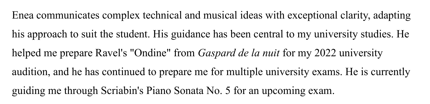 Excerpt from Josh’s letter describing preparation of Ravel’s Ondine for his university audition and Scriabin’s Piano Sonata No. 5 for a university exam.