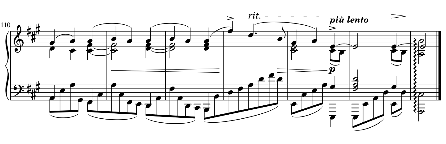The crescendo through bars 111 and 112 leads into an accented high F-sharp at bar 113 above a rising left-hand arpeggio. Ritardando leads to più lento in bar 114, then a sustained E and quiet ending. The final A-major chord is rolled and lasts a half note in the closing partial bar.