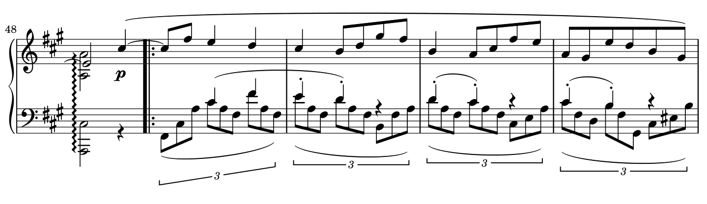 After the chord in bar 48, the melody's tied C-sharp leads into bar 49. The right hand has ordinary eighth notes against left-hand triplet eighths. The left hand's upper line reaches C-sharp and F-sharp in bar 49, then E and D in bar 50, with separate stems distinguishing the voice from the flowing accompaniment.