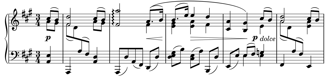 The melody's C-sharp and B upbeat leads to a half-note D in bar 1. Lower notes move beneath the held melody, crossing from the upper staff to the lower. Bar 2 reaches a higher A in a rolled chord; dotted rhythms continue the phrase. The bass and inner voices keep moving while the melody holds.