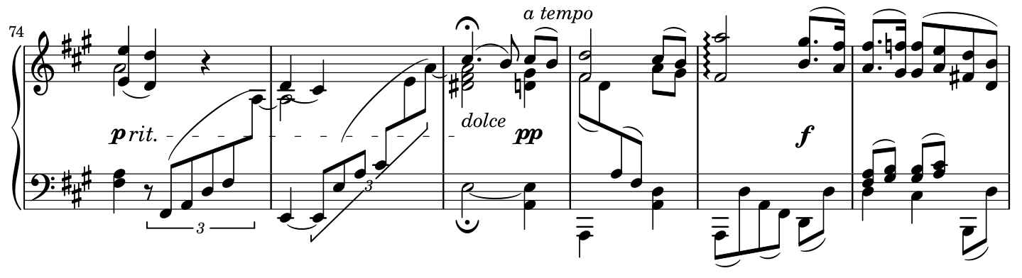 A slowing approach in bars 74 and 75 leads to the fermata in bar 76. A tempo accompanies the C-sharp B upbeat. Bar 77 recalls the opening; bar 78 then changes the upper continuation, and forte appears before the descending, chromatically altered line in bar 79.