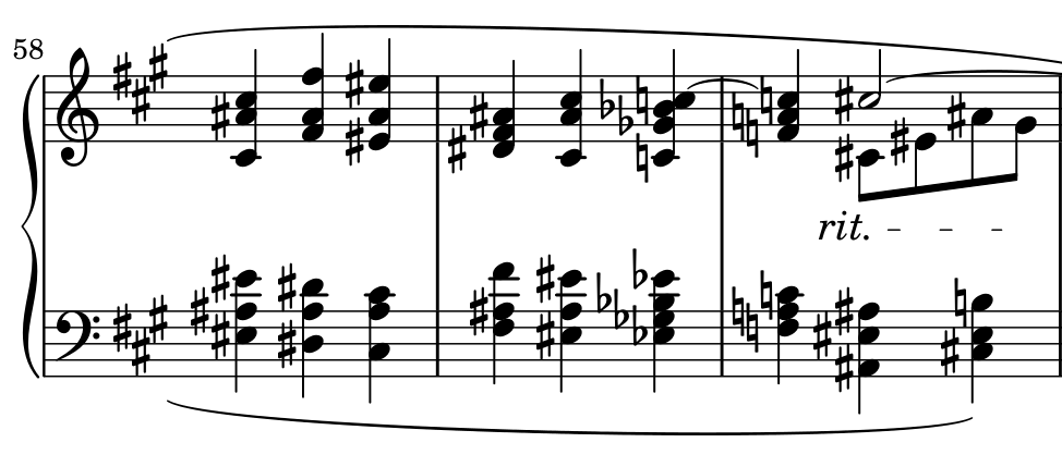 Both hands move mainly in quarter-note chords in bars 58 and 59. The upper C-natural at the end of bar 59 ties into the first quarter of bar 60. The melody then moves to a half-note C-sharp, while a lower right-hand line C-sharp E-sharp A-sharp G-sharp moves in eighth notes beneath it. Ritardando is printed below.
