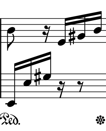 Third full bar of Für Elise: left-hand E2, E3, G-sharp3 in sixteenth notes followed by rests; right hand continues above
