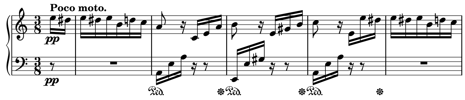 Für Elise opening system with treble and bass clefs, three-eight time, soft dynamic and pedal signs; full bar three is the fourth measure space