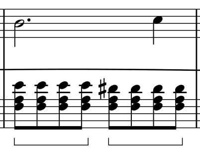 Bar 2 detail: F-sharp3 stays in the bass while the upper left-hand E4 falls to D-sharp4 halfway through the bar