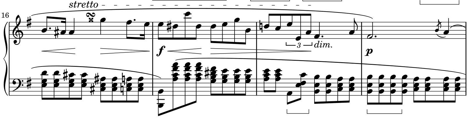 Bars 16–19, with stretto in 16, forte and a low B octave in 17, dim. in 18 and piano in 19