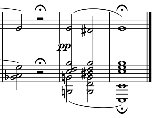 Final three bars: half-note chord then half rest with fermata in bar 23; two half-note chords in 24 and a final whole-note chord with fermata in 25