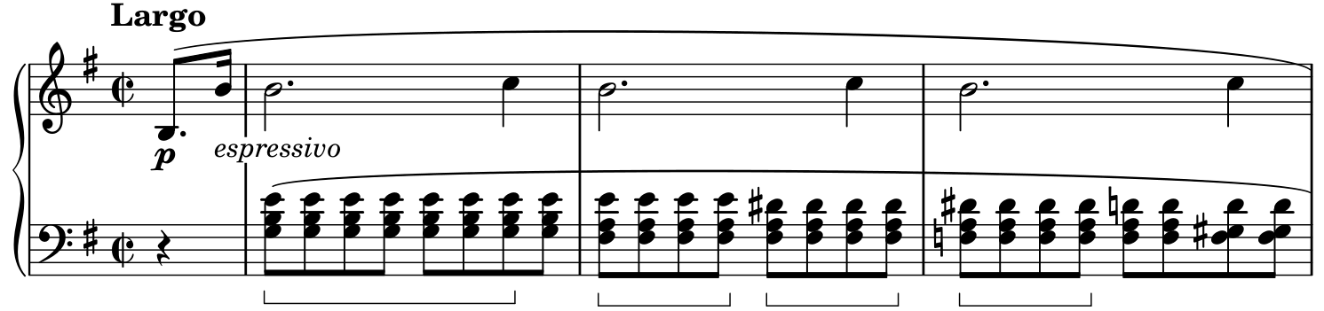 Upbeat and bars 1–3 in E minor, 2/2: the right-hand B–C idea repeats while the three left-hand voices change