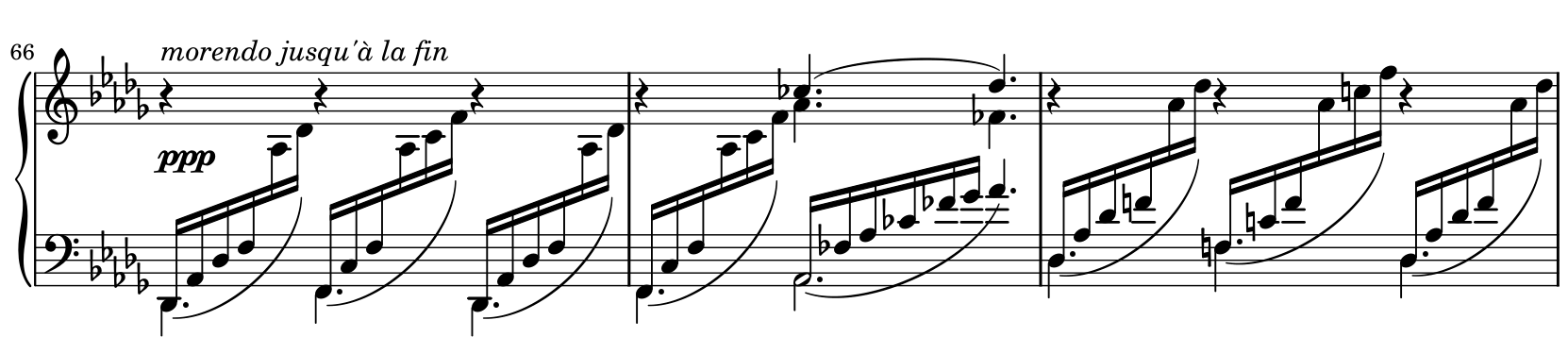 Bars 66 to 68 of Clair de lune. The score marks ppp and morendo jusqu'à la fin. Rising sixteenth-note figures continue between the staves, above sustained bass notes. The separate upper voice has rests and a few sustained notes, leaving space around the moving figures.