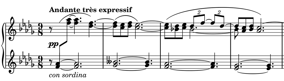 Opening four bars of Debussy's Clair de lune. Five flats, nine-eight time, Andante très expressif, pp and con sordina. An eighth rest precedes lower F and A-flat, then F and A-flat an octave higher. Ties sustain the upper notes, and duplets marked 2 appear in bar 3 above held lower voices.
