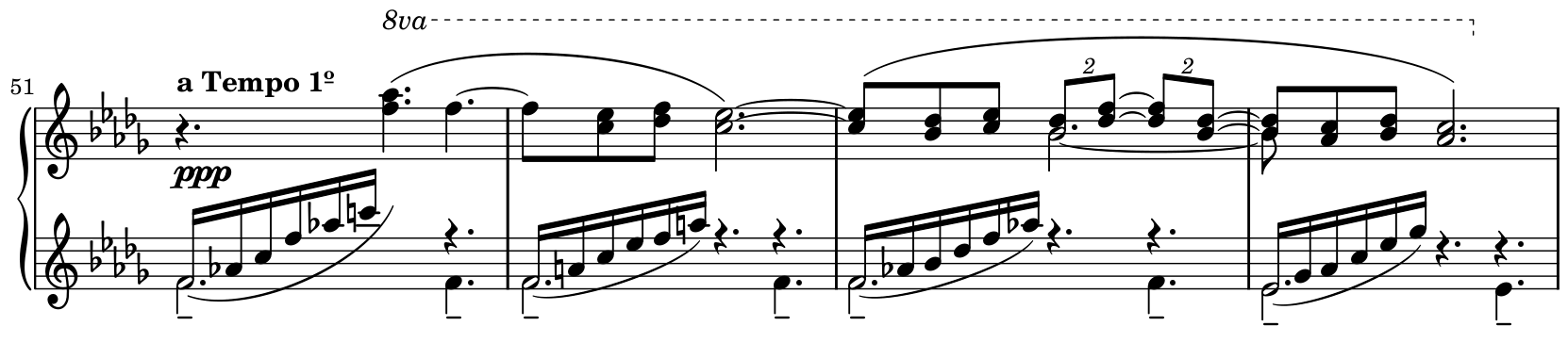 Bars 51 to 54 of Clair de lune. The melody begins with a dotted-quarter rest, then the returning theme sounds an octave above the written treble notes under an 8va sign. Rising accompaniment figures occupy the first beat of each bar; bass notes sustain below them. The dynamic is ppp.