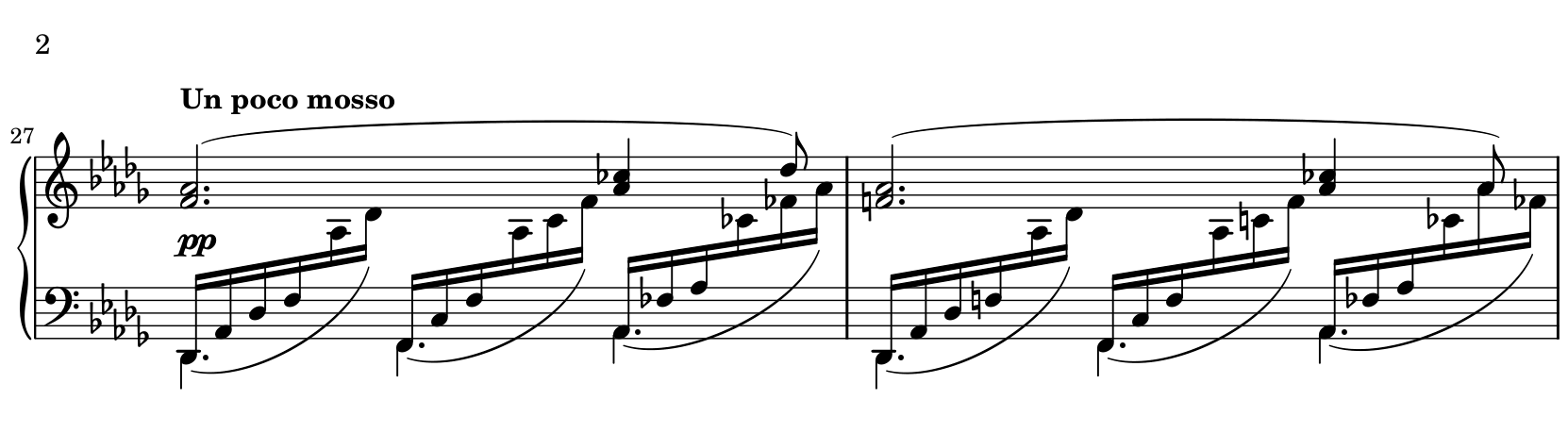 Bars 27 and 28 of Clair de lune. A long melody above rising groups of six sixteenth notes, each filling a dotted-quarter beat. Bar 27's bass notes are D-flat, F and A-flat. Its last group includes F-flat and C-flat. The beamed arpeggios cross between the lower and upper staves.