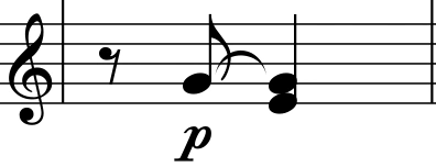 Bar two of First Loss: an eighth rest, G tied into the upper note of an E–G quarter-note chord