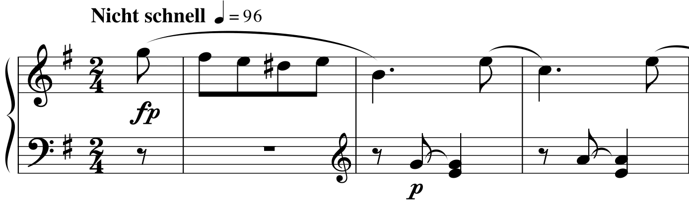 The pickup and first three full bars of Schumann’s First Loss, with a left-hand pickup rest and whole-bar rest