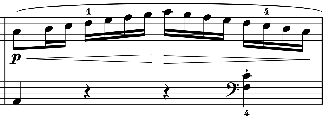 モーツァルトK.545第1楽章第5小節、八分音符から十六分音符の音階へ進む右手