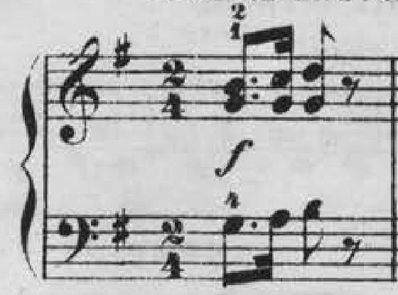 First bar in G major and 2/4: both hands play dotted eighth, sixteenth, eighth, then an eighth rest