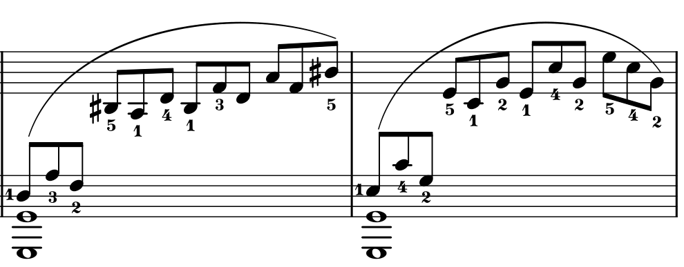 The right-hand triplets begin in the bass staff and climb into the treble staff. In bar 32 a D-sharp low start rises through a B-sharp-containing figure; bar 33 starts on E and arches up and down. A low G-sharp octave remains beneath both bars.