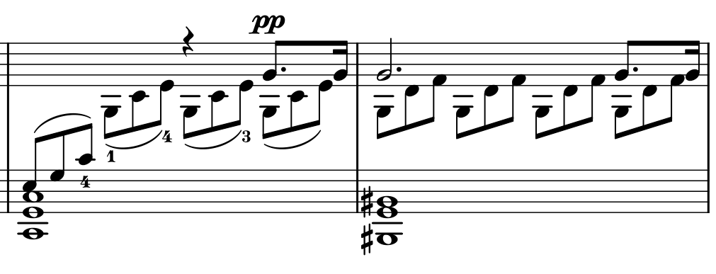 Bar 5: the right hand's triplets rise from the lower staff, then accompany a G-sharp melody entering on the last quarter with a dotted eighth and sixteenth. Bar 6 holds the upper G-sharp for a dotted half note before repeating the dotted rhythm; the bass changes from C-sharp to B-sharp.