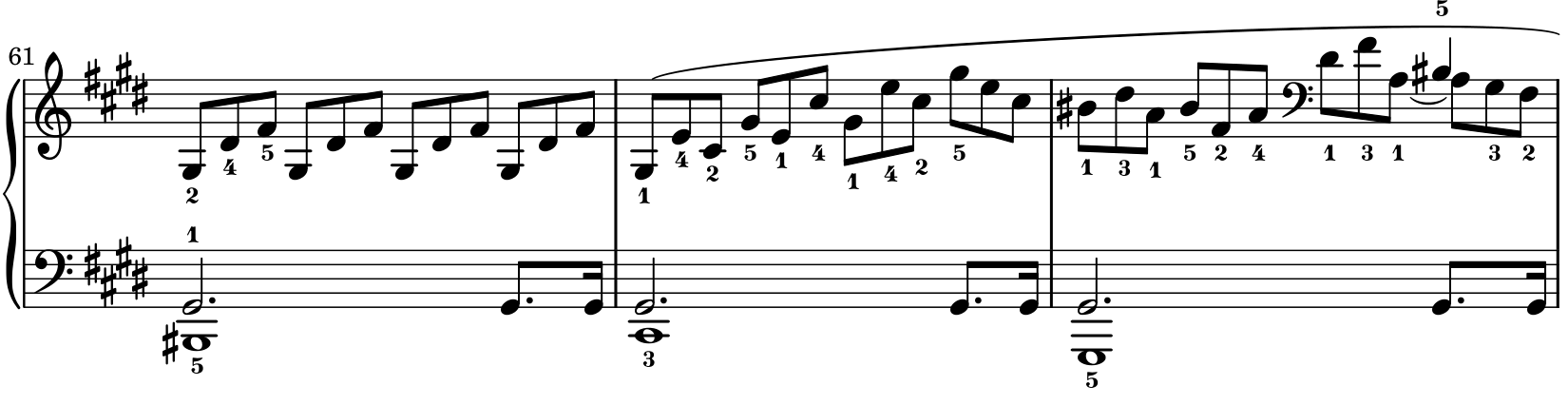 The left hand sustains a lower bass while repeating G-sharp above it: a dotted half note followed by dotted eighth and sixteenth. The right-hand triplets expand upward in bar 62 and descend through a change to bass clef in bar 63.