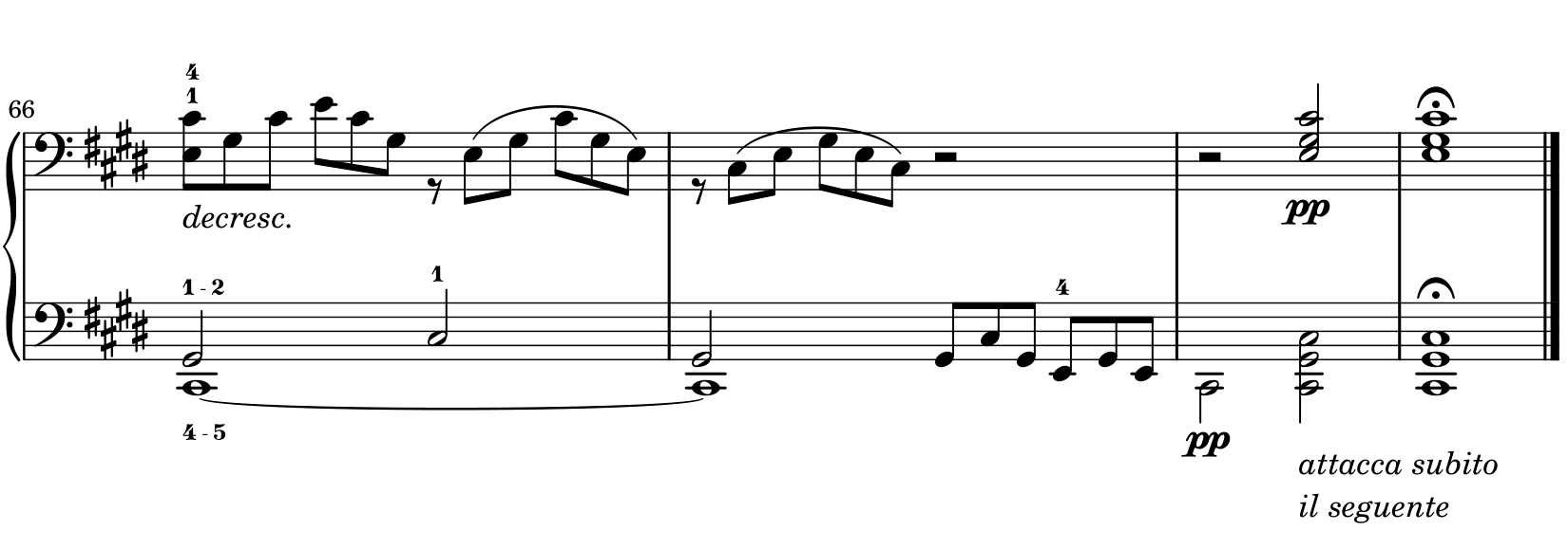 Bar 66 has a tied low C-sharp under a left-hand G-sharp to C-sharp line. Bar 67 returns to G-sharp, then continues with triplets in the left hand after the right hand rests. Bar 68 sounds a low C-sharp, then a quiet chord halfway through. Bar 69 holds the final chord with a fermata. Attacca subito il seguente is printed below.