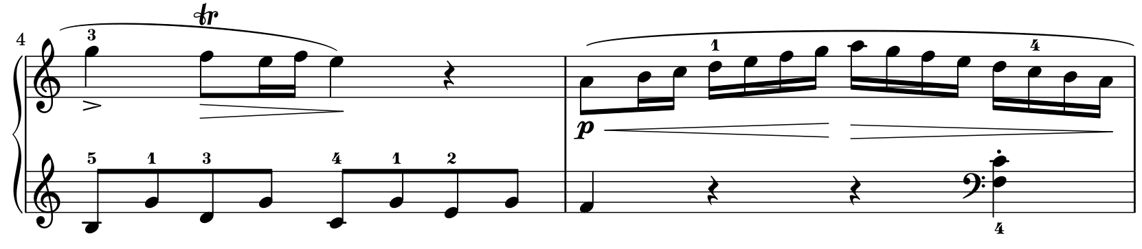 Mozart K.545 first movement, bars 4 and 5. Bar 4 ends with a right-hand quarter rest. Bar 5 starts on A4 as an eighth note, followed by sixteenths rising to A5 and descending to A4. Its quarter-note beat notes are A4, D5, A5 and D5. The left hand plays F4, two quarter rests, then F3 and C4 together.