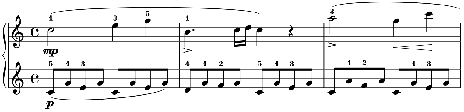 Mozart K.545 first movement, bars 1 to 3. The right hand begins with C5 as a half note, then E5 and G5 as quarters. The left hand plays C4, G4, E4, G4 twice in eighth notes. The right hand has a quarter rest at the end of bar 2 while the left hand continues.