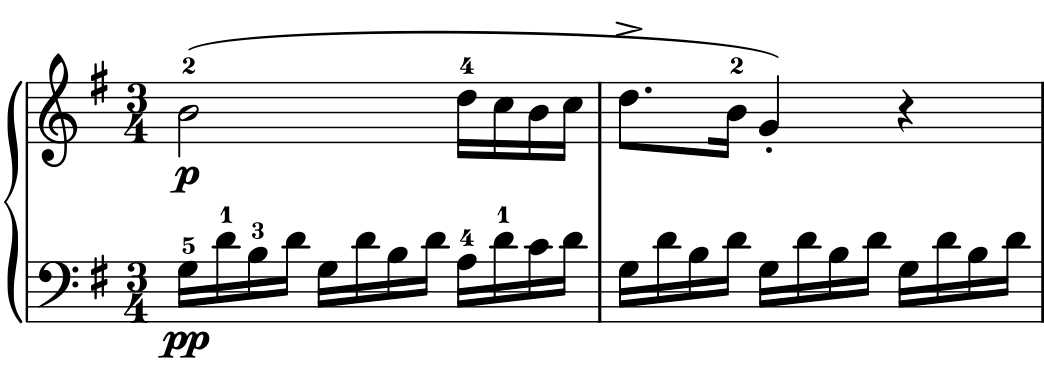 Mozart K.545 Andante, first two bars. The melody begins with B4 as a half note, then D5, C5, B4, C5 in sixteenths. The left hand plays G3, D4, B3, D4 twice, then A3, D4, C4, D4. In bar 2 the melody reaches G4 and ends with a quarter rest above continuing accompaniment.
