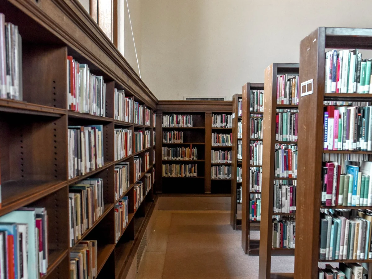 A quiet aisle between wooden library shelves filled with books
