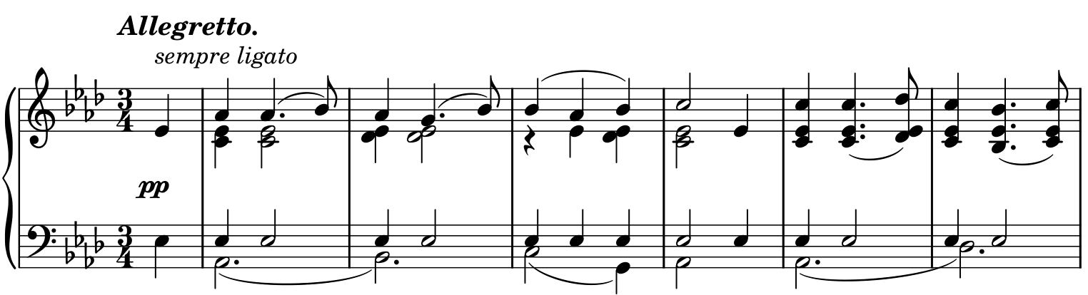 A-flat major, 3/4, Allegretto, pianissimo, sempre ligato. An E-flat pickup leads to A-flat in bar 1. On beat 2, the lower C and E-flat are half notes while the upper A-flat is a dotted quarter leading to B-flat. Bars 5 and 6 have fuller right-hand chords.