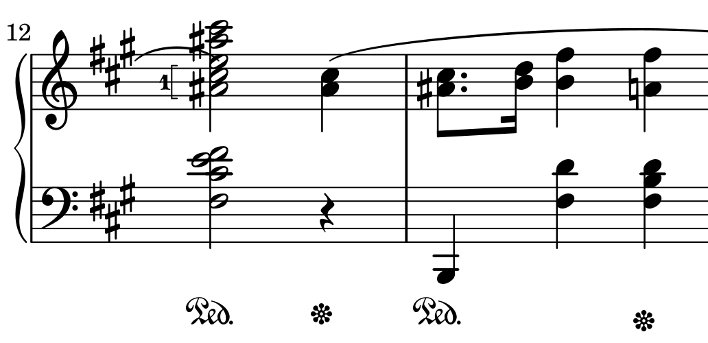 Bars 12 and 13 of Chopin’s A-major Prelude, Op. 28 No. 7, showing the wide right-hand chord and the following phrase