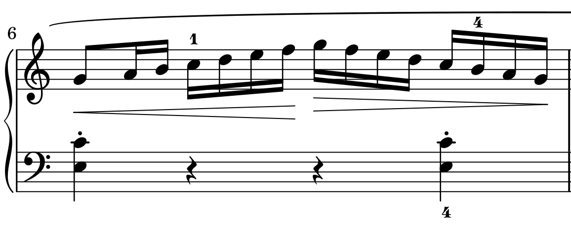 Bar 6 of Mozart’s K.545 first movement, repeating the rising and falling figure from G