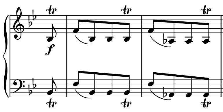 ト音記号とヘ音記号、シとミにフラット。アウフタクトのシ♭の八分音符にトリル、フォルテ。第34小節はファ・シ♭・シ♭・シ♭、第35小節はファ・ラ♭・ラ♭・ラ♭。各小節の最後の八分音符にもトリルが付く。