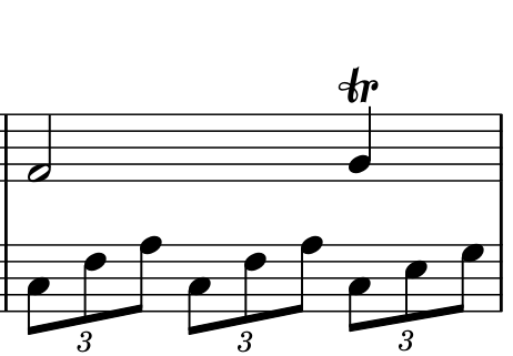第3小節。右手はファの二分音符とトリルの付いたソの四分音符。左手は三連符を3組弾く。