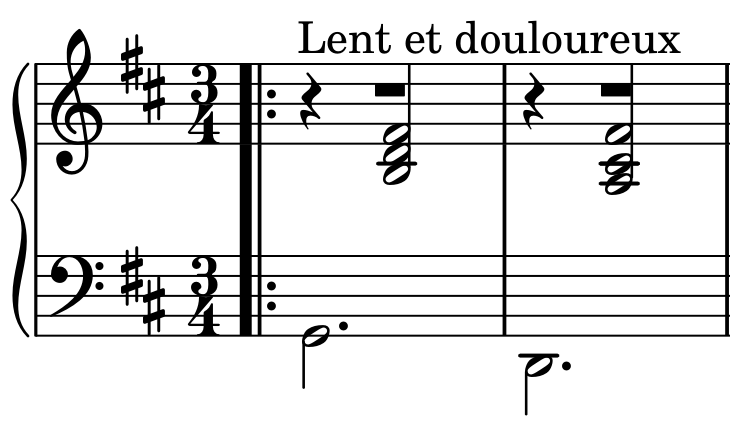 Lent et douloureux. A dotted-half-note G in the bass; after a quarter rest, a half-note chord B, D and F-sharp in the treble staff. Next bar: dotted-half-note D bass, then a half-note chord A, C-sharp and F-sharp after a quarter rest. The melody has whole-bar rests.