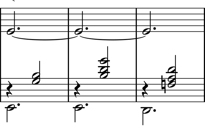 The melody holds E through three bars with ties. The bass is E, E, then D. On beat two, the accompaniment changes from G and B to B, D and G, then F-natural, A and D. The middle chord reaches above the melody's E.