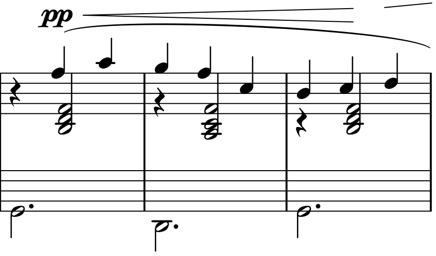 The pianissimo melody begins on beat two of bar5 with F-sharp, then A. Bar6 has G, F-sharp and C-sharp; bar7 B, C-sharp and D. Bass notes sound on beat one, accompaniment chords on beat two. Crescendo and diminuendo shape the phrase.