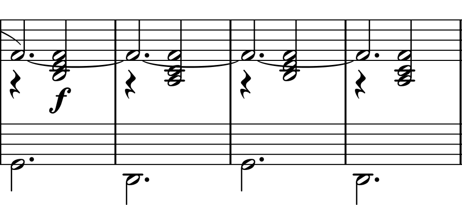 Four dotted half notes F-sharp in the melody joined by ties. The accompanying half-note chords alternate B-D-F-sharp and A-C-sharp-F-sharp, above alternating G and D bass notes. A forte marking appears at the first chord of the excerpt.