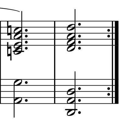 Two full-bar chords. The first contains C-natural, E, A and G over low A. The second is D major, including F-sharp, over D. A repeat sign follows.