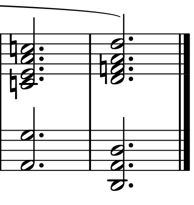 Two full-bar chords. The first contains C-natural, E, A and G over low A. The last is D minor, with a written F natural, over D. A final double bar follows.