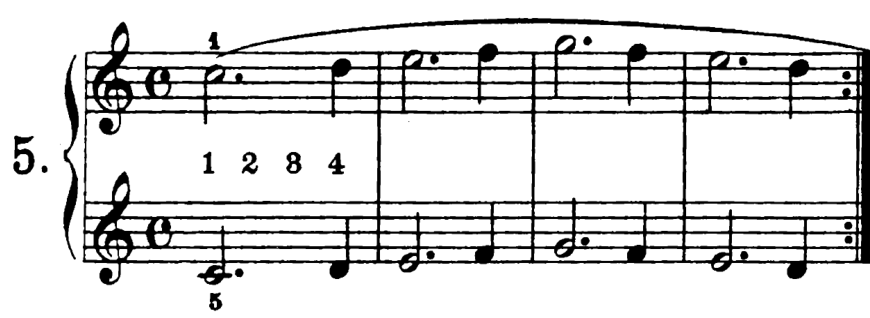 Four bars of Beyer No.5. The right hand plays a dotted half note then a quarter note in each bar: C5 to D5, D5 to E5, E5 to D5, D5 to C5. The left hand plays the same pitches an octave lower, beginning on middle C. A slur groups the right-hand phrase; a repeat sign ends bar four.