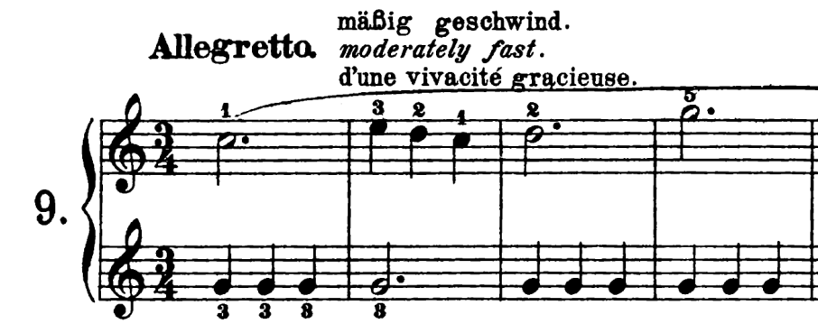 Beyer No.9, first four bars, Allegretto, three-four time, both staves in treble clef. Right hand: C5 dotted half; E5, D5, C5 quarter notes; D5 dotted half; G5 dotted half. Left hand: three G4 quarter notes; G4 dotted half; three G4 quarter notes in each of bars three and four.