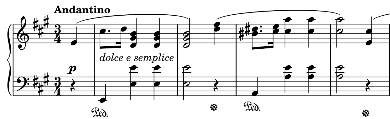 Chopin upbeat and bars 1–4 in A major and 3/4, with Andantino, dolce e semplice, slurs and pedal marks