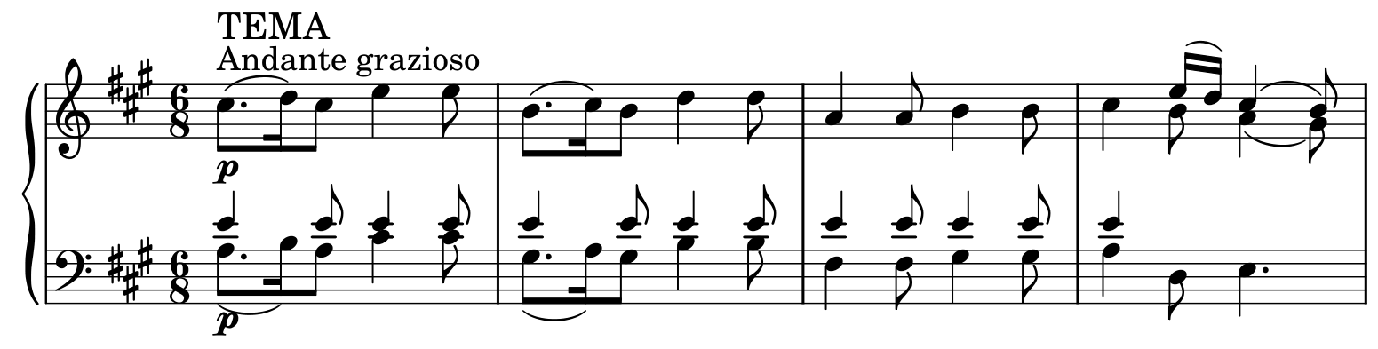 Mozart bars 1–4 with both clefs, three sharps and 6/8; the final melody note B sounds over bass E