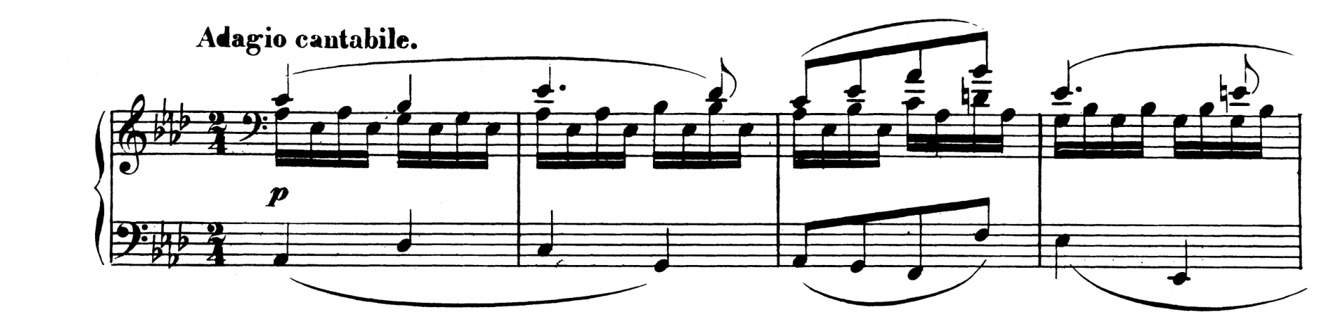 ベートーヴェン《悲愴》第2楽章、第1〜4小節。長い旋律と16分音符の伴奏、低音の動き