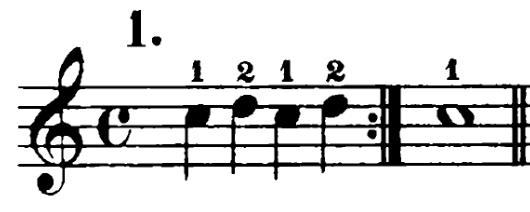 Treble clef and common time. C5, D5, C5 and D5 are quarter notes with finger numbers 1, 2, 1, 2. An end-repeat sign follows. The last bar is a whole-note C5 with finger 1.