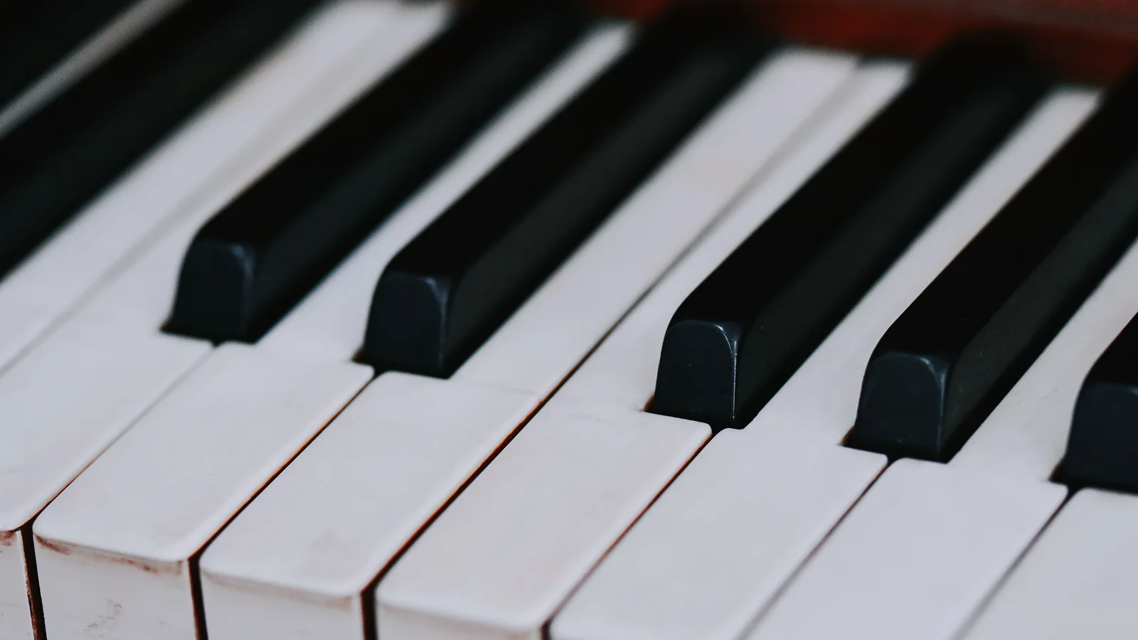 Close-up of the raised black keys and longer white keys on a piano