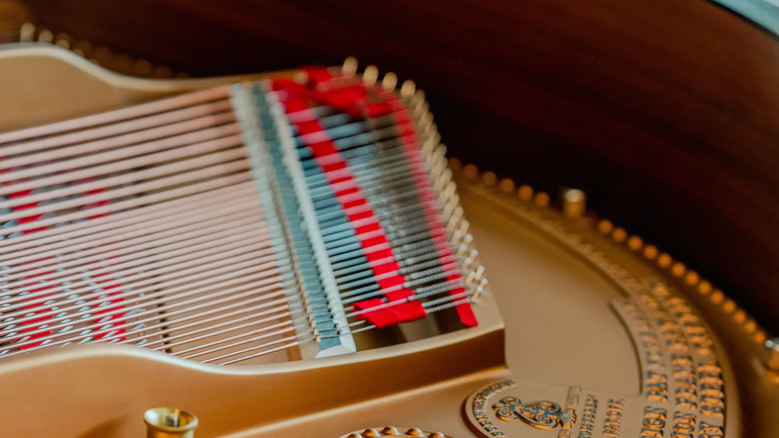 Strings and tuning pins in the upper part of an open grand piano