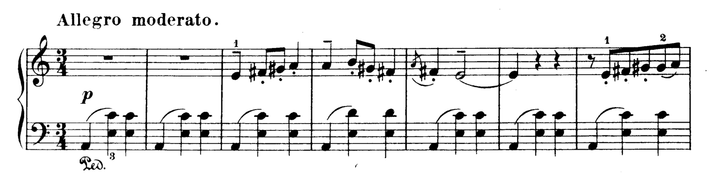 グリーグのワルツ冒頭。左手が低音と2つの和音で始まり、2小節休んだ右手が旋律に入る