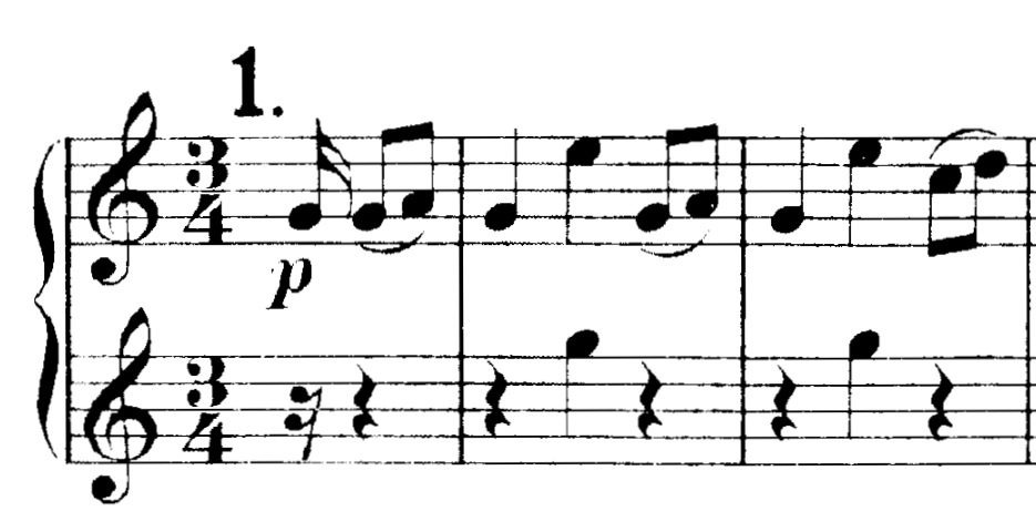 Opening of the higher part: the melody begins before the accompaniment, then moves above a sparse lower voice