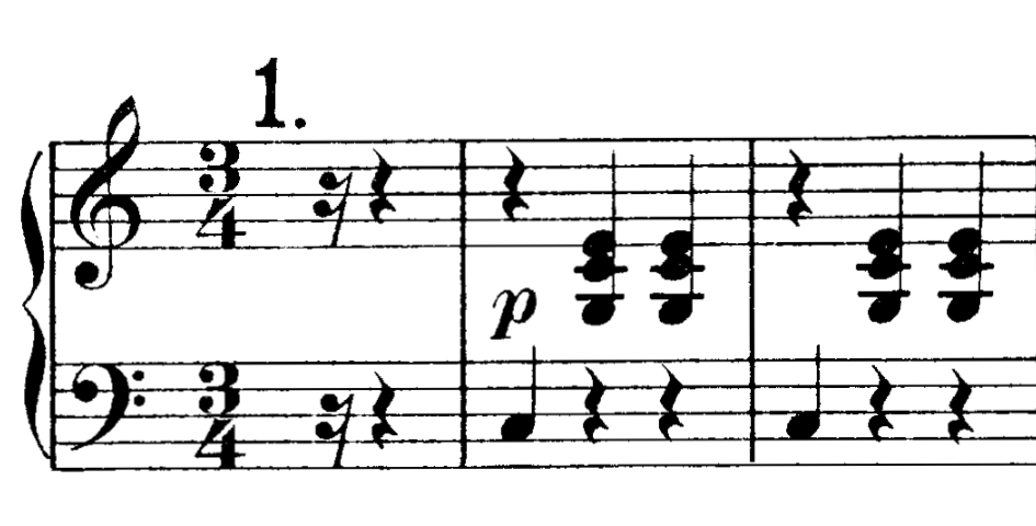 Opening of the lower part: initial rests, followed by a bass note on beat one and right-hand chords on beats two and three